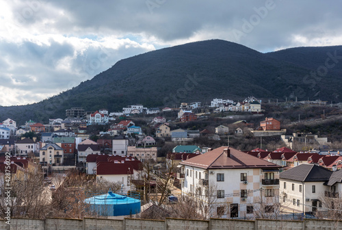 Panoramic view of small village Myskhako located on the Black Sea coast near Koldun mountain.