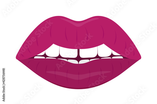 Plump lips. The seductive mouth is slightly open. Colored vector illustration. Flat style. An even row of snow-white teeth with a chink in the middle. Luscious lipstick shade. Isolated background.