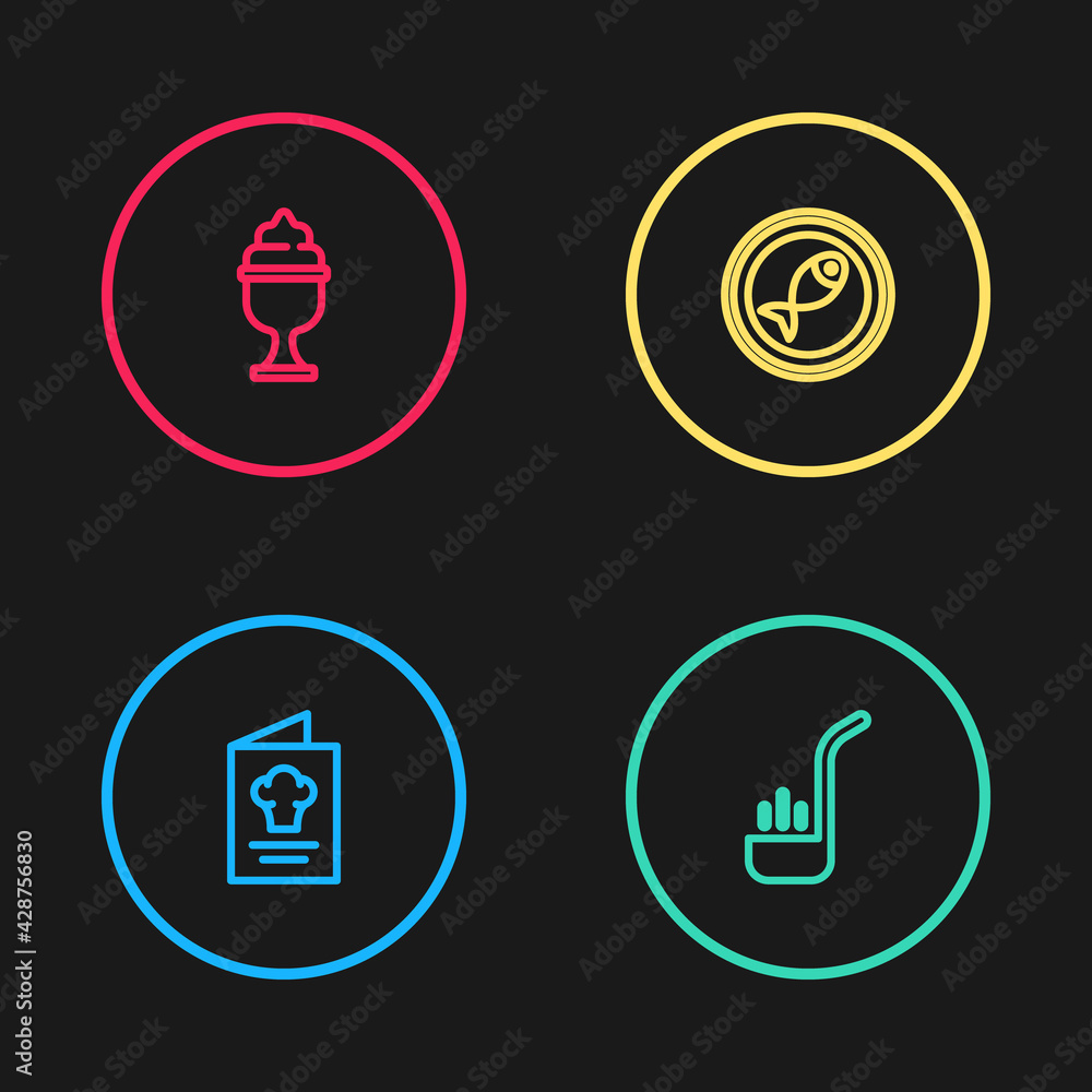 Set line Cookbook, Kitchen ladle, Served fish on plate and Ice cream in bowl icon. Vector Set line Cookbook, Kitchen ladle, Served fish on plate and Ice cream in bowl icon. Vector