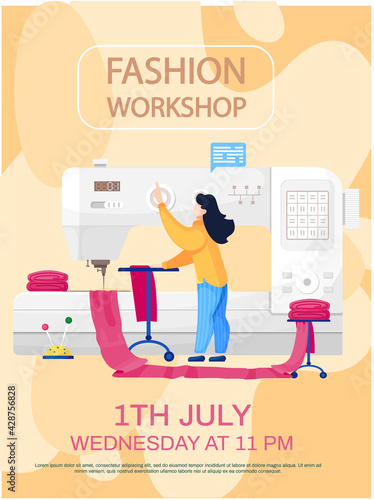 Girl inserts piece of fabric into sewing machine with needle. Fashion workshop concept poster