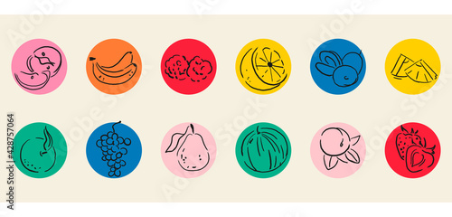 Set of creative hand drawn illustrations. Charcoal drawing. Collage of 12 different juicy fruits. Round colorful icons for avatars of profiles in social networks, stories, applications, stickers.