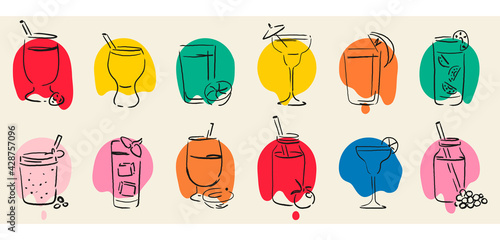 Set of creative hand drawn illustrations. Charcoal drawing. Collage of 12 different summer cocktails. Round colorful icons for avatars of profiles in social networks, stories, applications, stickers.