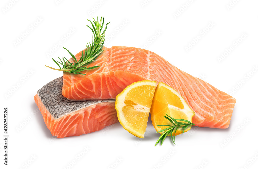Fillet of red fish with lemon and rosemary on a white plate
