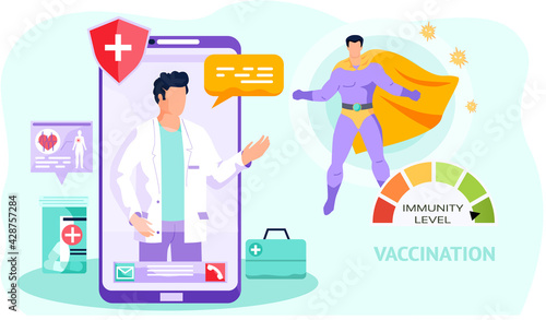 Man on screen explains importance of vaccination for immunity. Online consultation with doctor