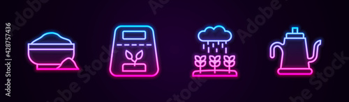 Set line Flour bowl, Pack full of seeds of plant, Plant sprouts grow in the rain and Watering can. Glowing neon icon. Vector