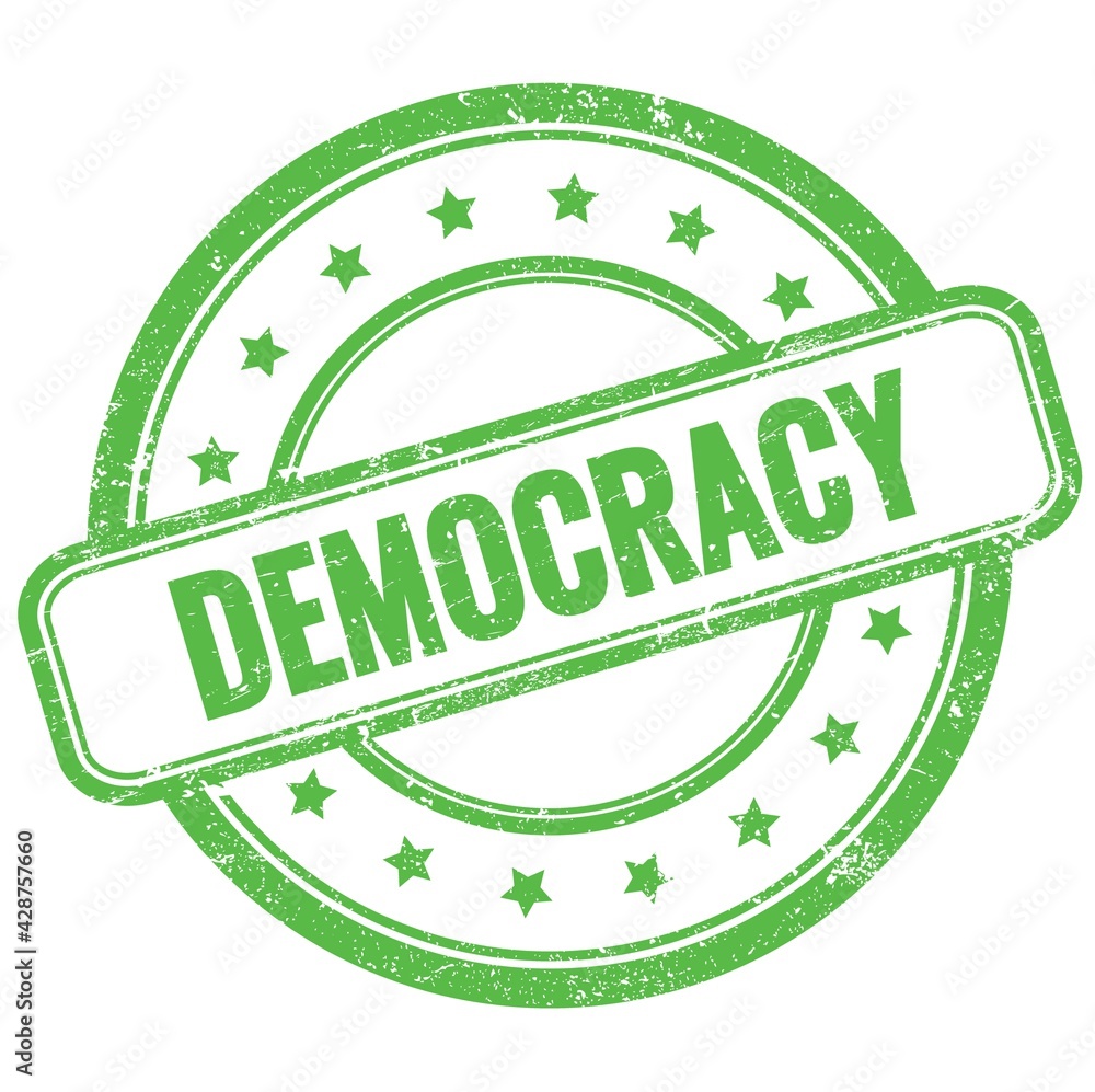 DEMOCRACY text on green grungy round rubber stamp.