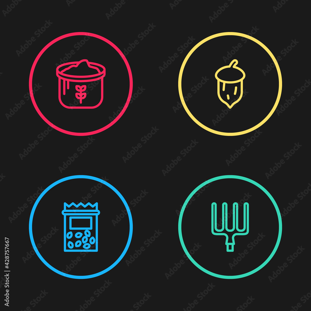 Set line Pack full of seeds of plant, Garden pitchfork, Acorn, oak nut, and Bag flour icon. Vector Set line Pack full of seeds of plant, Garden pitchfork, Acorn, oak nut, and Bag flour icon. Vector