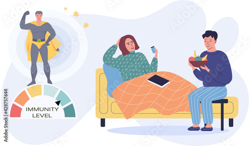 Couple on self-isolation at home. Treatment and healthcare. Immunity level increase during recovery