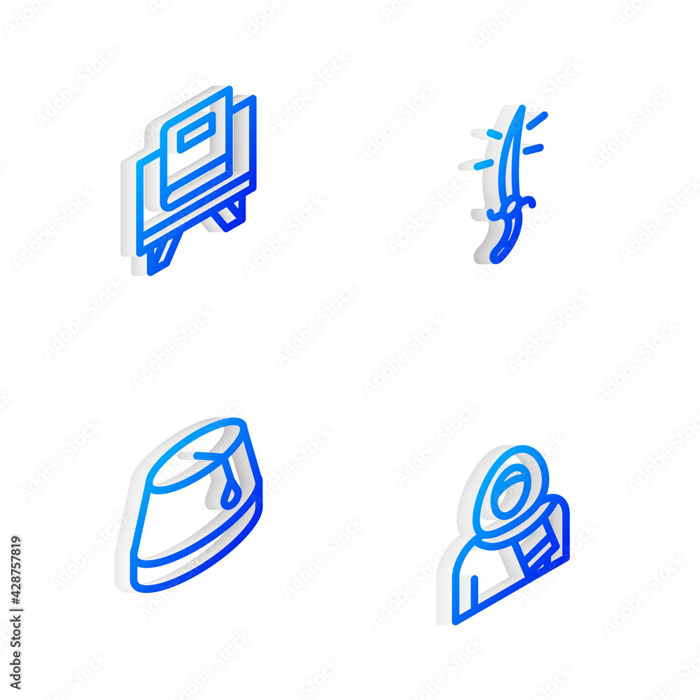 Set Isometric line Arabian saber, Holy book of Koran, Turkish hat and Muslim woman in hijab icon. Vector Set Isometric line Arabian saber, Holy book of Koran, Turkish hat and Muslim woman in hijab icon. Vector