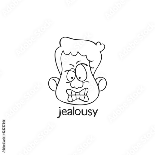 Jealousy. Emotion. Human face. Cartoon character. Isolated vector object on white background.