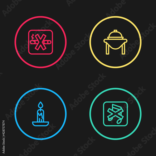 Set line Burning candle, Speaker mute, Table food and No Smoking icon. Vector