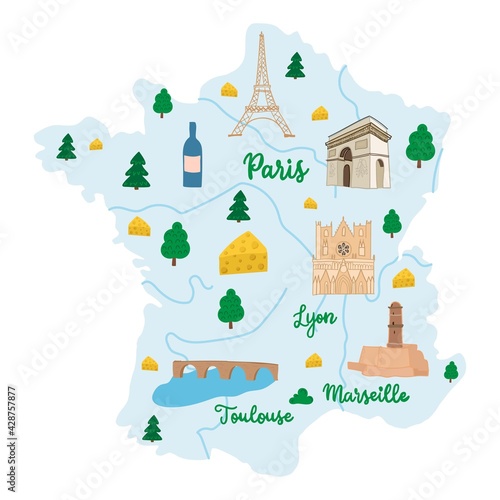 Hand drawn illustrated map of France with rivers and cities