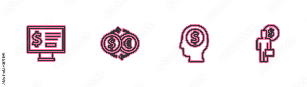Set line Monitor with dollar, Business man planning mind, Money exchange and icon. Vector Set line Monitor with dollar, Business man planning mind, Money exchange and icon. Vector