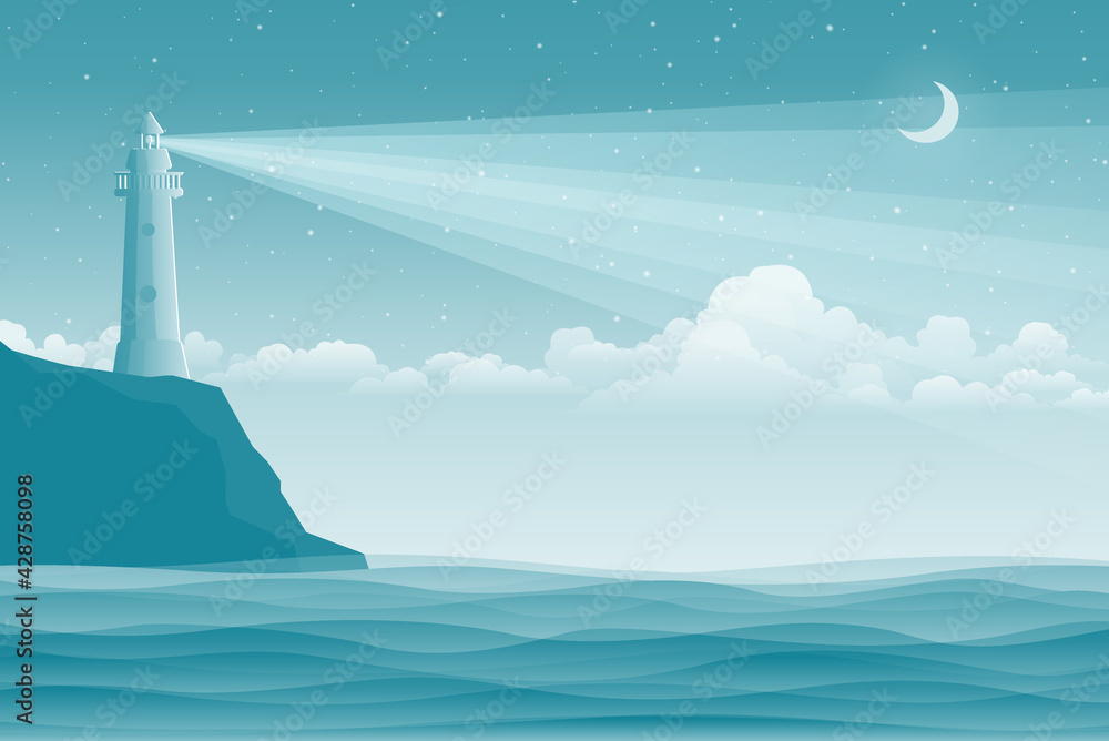 Seascape vector illustration. Lighthouse