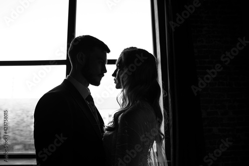 Silhouetted portrait of a bride and groom standing in front of a lacy window.
