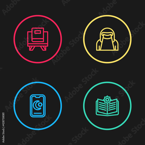 Set line Star and crescent, Holy book of Koran, Muslim woman in niqab and icon. Vector