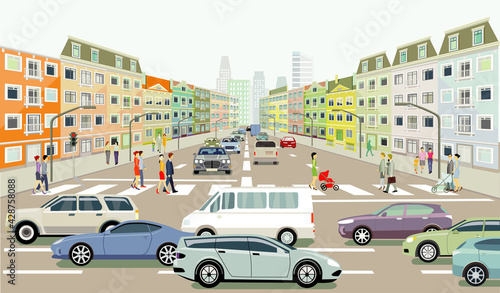 Straßenverkehr mit Menschen auf dem Zebrastreifen, Illustration © scusi