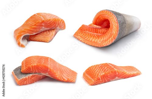 Set of red fish fillets on a white background