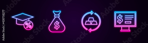 Set line Graduation cap and coin, Money bag, Gold bars and Monitor with dollar. Glowing neon icon. Vector