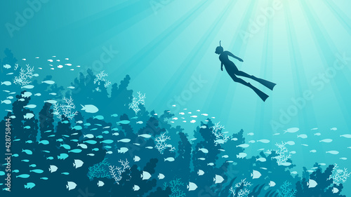 Ocean underwater world with animals, vector illustration