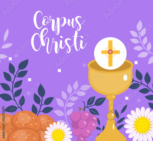 Corpus Christi Catholic religious holiday greeting card, template for your design. Feast Day, cross, bread, grapes. Vector illustration