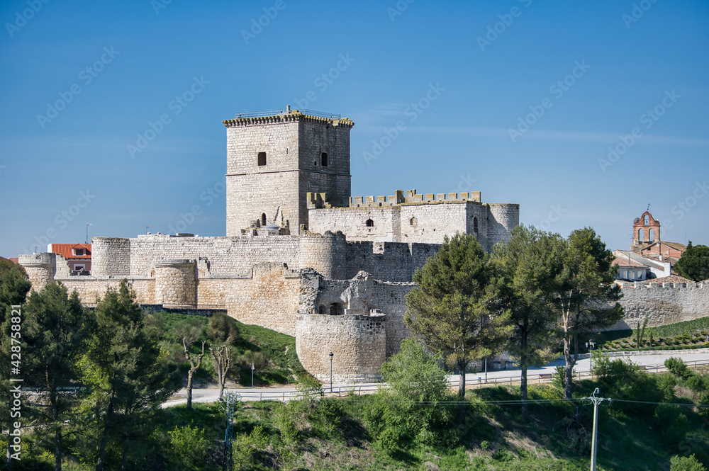 Vista castillo medieval del siglo XV en la villa de Portillo, provincia de Valladolid, España