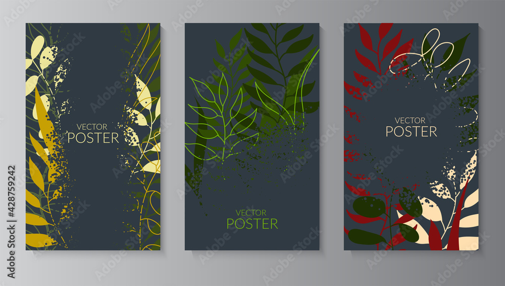 Natural background with colored leaves. Set of textured dotted posters with place for text. Modern flat design for packaging, advertising, congratulations, social networks. Vector