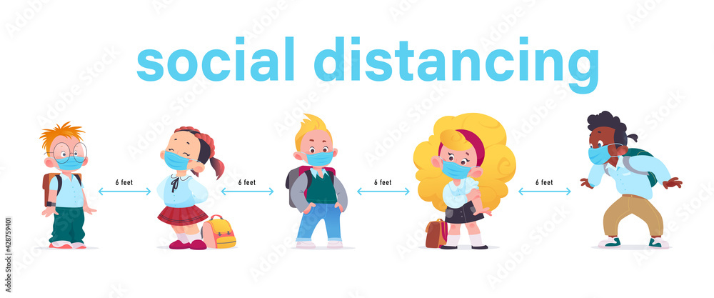 Concept of new virus protection social distance for pupils. School kids boys and girls characters in facial masks isolated on white background. Vector flat cartoon illustration. 