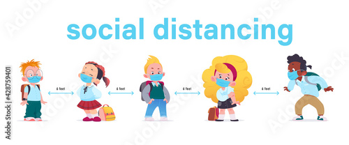 Concept of new virus protection social distance for pupils. School kids boys and girls characters in facial masks isolated on white background. Vector flat cartoon illustration. 