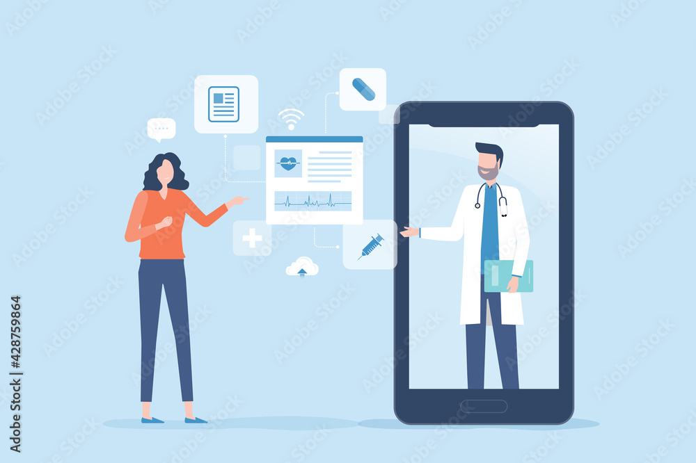 Flat vector illustration design for technology online healthcare with smartphone concept Flat vector illustration design for technology online healthcare with smartphone concept