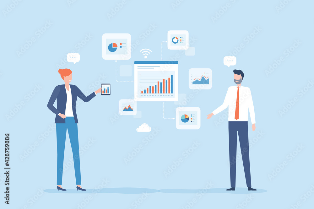 flat vector two business people team planning for business finance investment monitoring concept flat vector two business people team planning for business finance investment monitoring concept