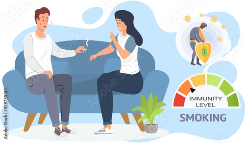 Couple smoke cigarettes. Tobacco dependence concept. Immunity level decreases due to smoking