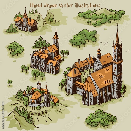 Hand drawn art settlements for cartography map work with colorful buildings and landscape from Transylvania architecture