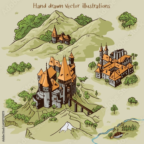Hand drawn art settlements for cartography map work with colorful buildings and landscape from Transylvania architecture