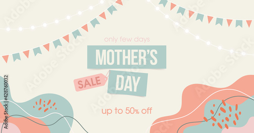 Mother's day web sale banner. Spring pastel colored banner congratulation to mother's day. Vector illustration. 