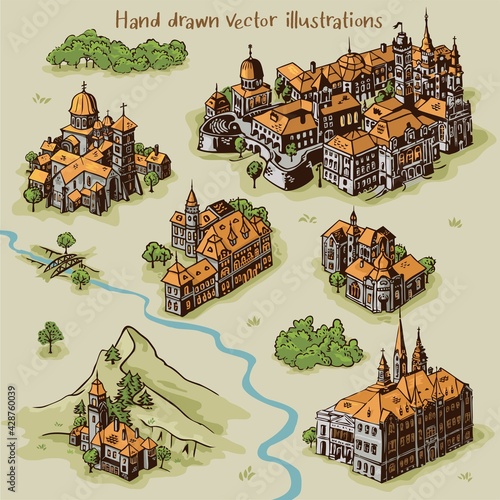 Hand drawn art settlements for cartography map work with colorful buildings and landscape from Transylvania architecture
