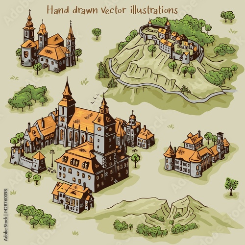 Hand drawn art settlements for cartography map work with colorful buildings and landscape from Transylvania architecture