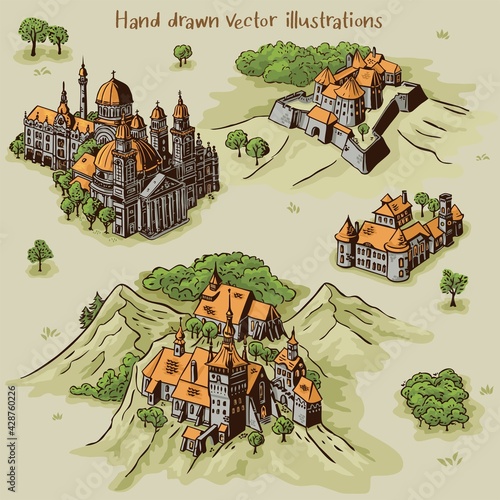 Hand drawn art settlements for cartography map work with colorful buildings and landscape from Transylvania architecture