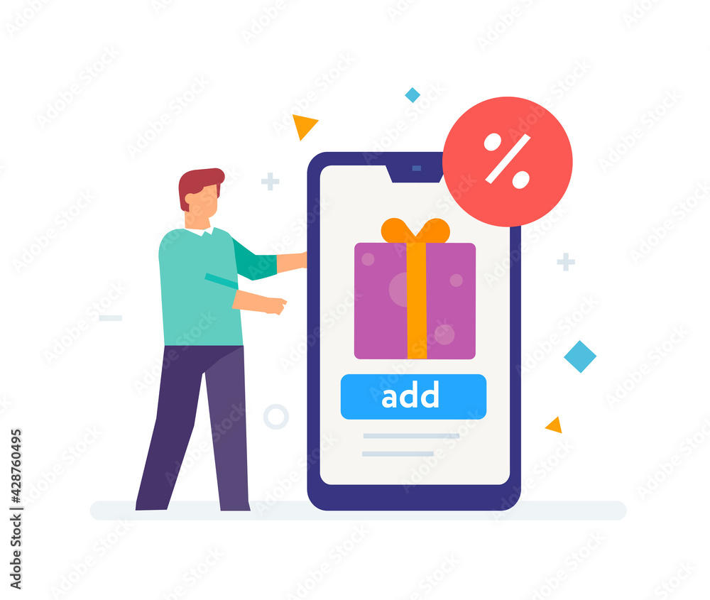 Person orders a product a gift through an application to an online store. Discounts, holiday, benefit. Flat illustration Icons infographics. Landing page site print poster. Person orders a product a gift through an application to an online store. Discounts, holiday, benefit. Flat illustration Icons infographics. Landing page site print poster.