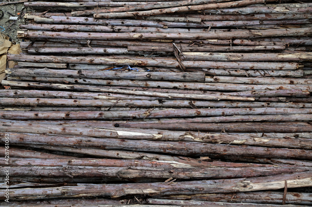 Abstract photo of a pile of natural wooden logs background for interior design decoration.