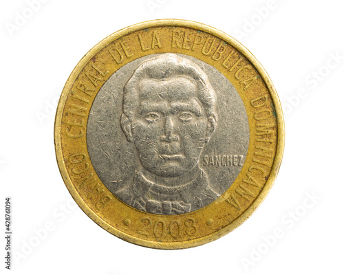Dominican Republic five pesos coin on white isolated background
