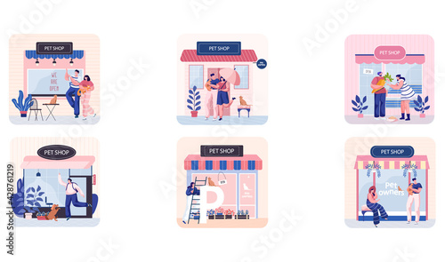 Pet shop scenes set, awning with domestic animals accessories, store indoors, veterinarian market