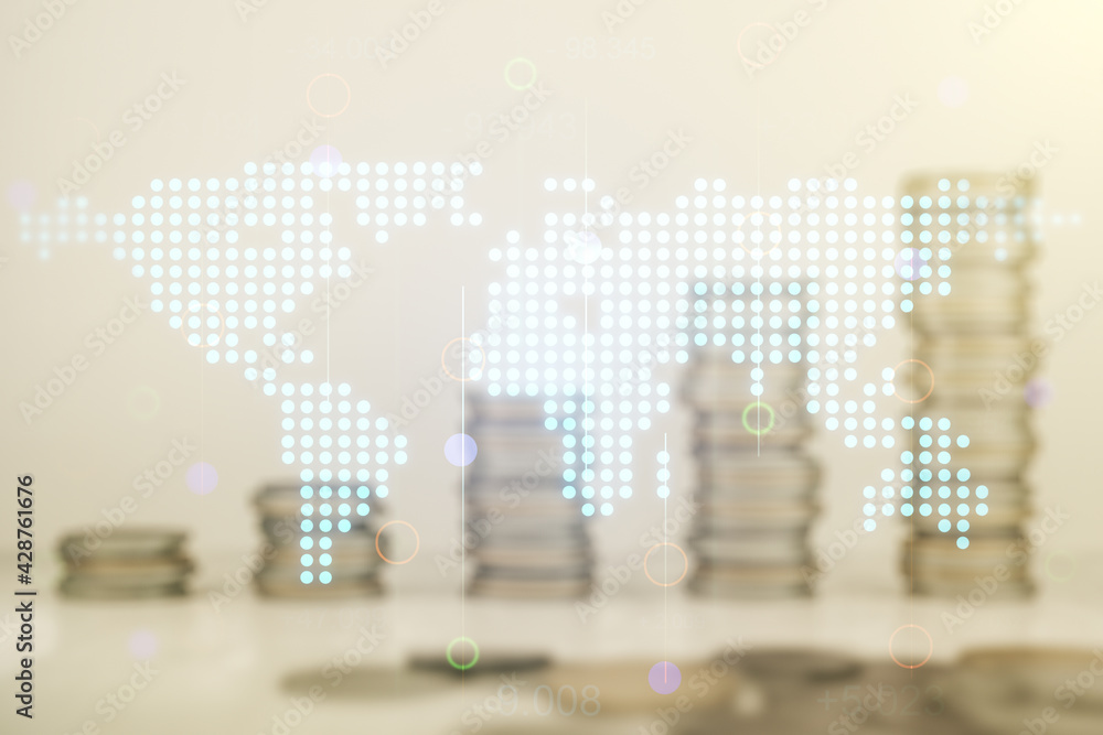 Fototapeta premium Double exposure of abstract digital world map on growing stacks of coins background, research and strategy concept
