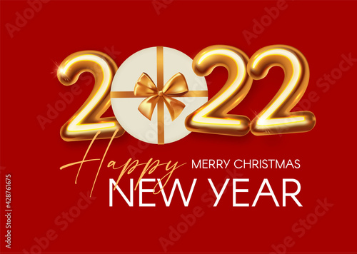 Happy New 2022 Year Party poster template with 3D realistic text and gift box. Festive design. Christmas flyer template.