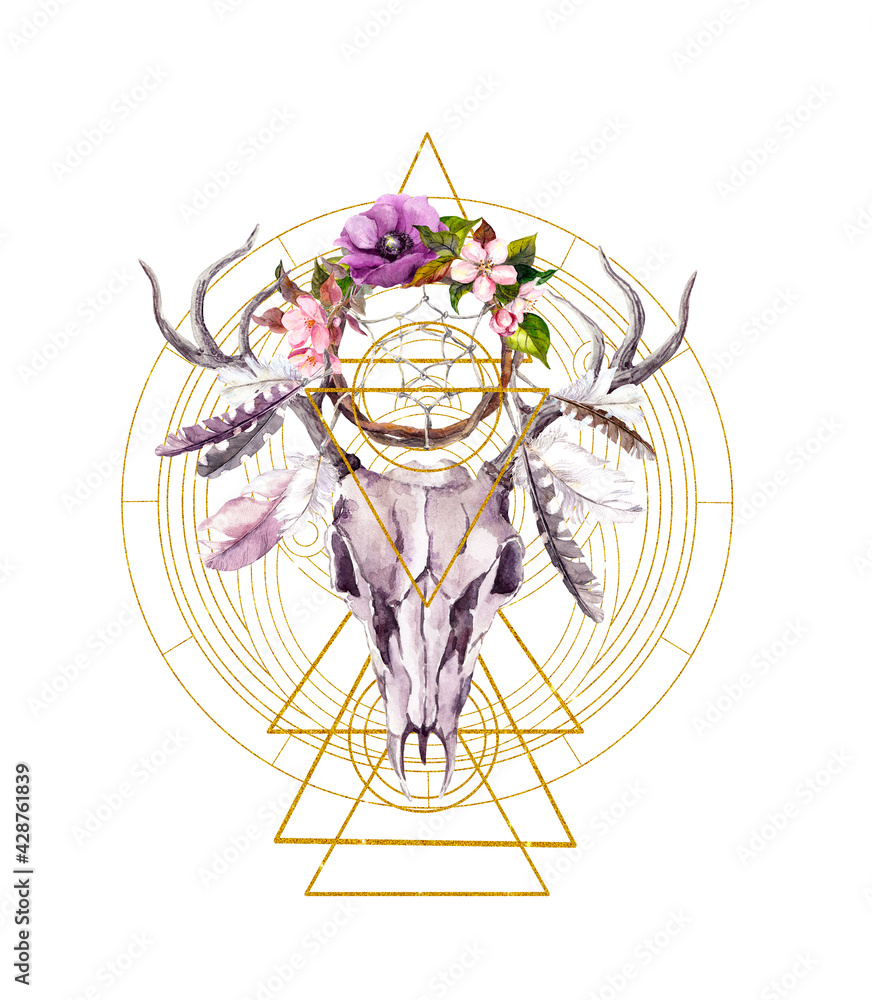 Golden sacred geometric circles, triangles, deer animal skull, dream catcher, flowers and feathers. Watercolor for sacred science, mysticism, esoteric spirituality, beautiful t-shirts