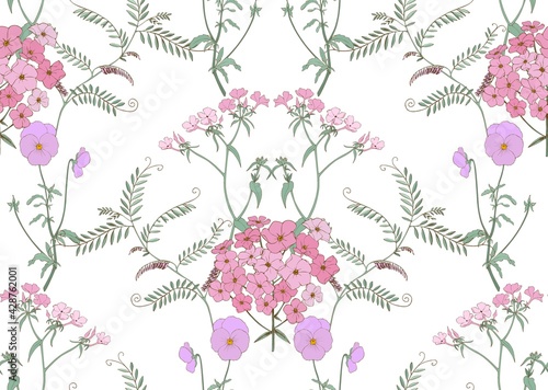 Floral ornament with art deco phlox. Seamless vector pattern for fabric and wallpaper.