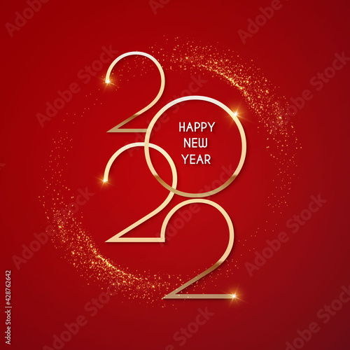 Happy new 2022 year Elegant gold text with light. Minimalistic text template.