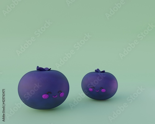 Cartoon cute blueberry with face and cheeks 3d render illustration