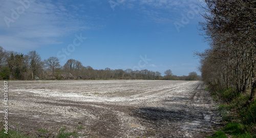 Field with chalk. Fertilization. Uffelte Drenthe Netherlands. Countryside.