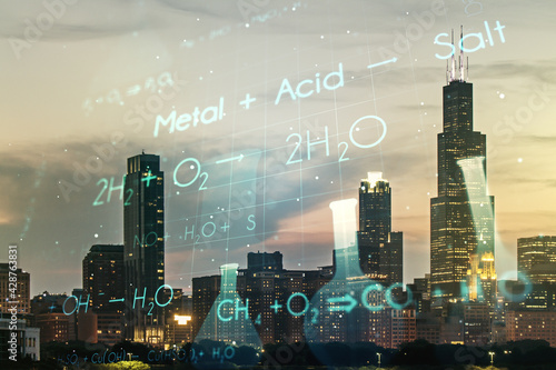 Creative chemistry hologram on Chicago office buildings background, pharmaceutical research concept. Multiexposure